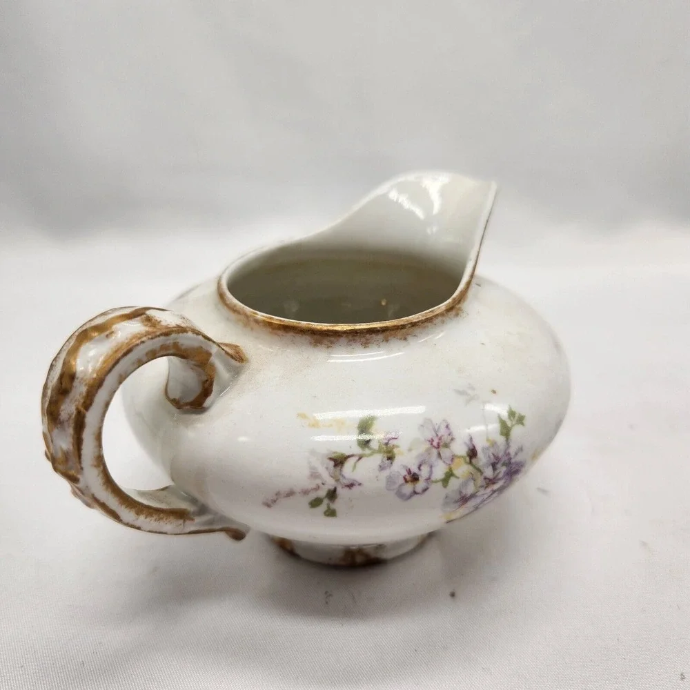 Antique LS&S Limoges‎ France Floral Pink Floral Creamer w/ Gold Edge